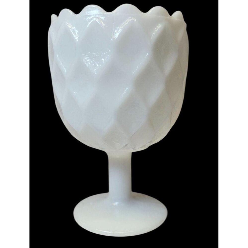 White vintage milk glass goblet pedestal bowl vase with a diamond indent pattern